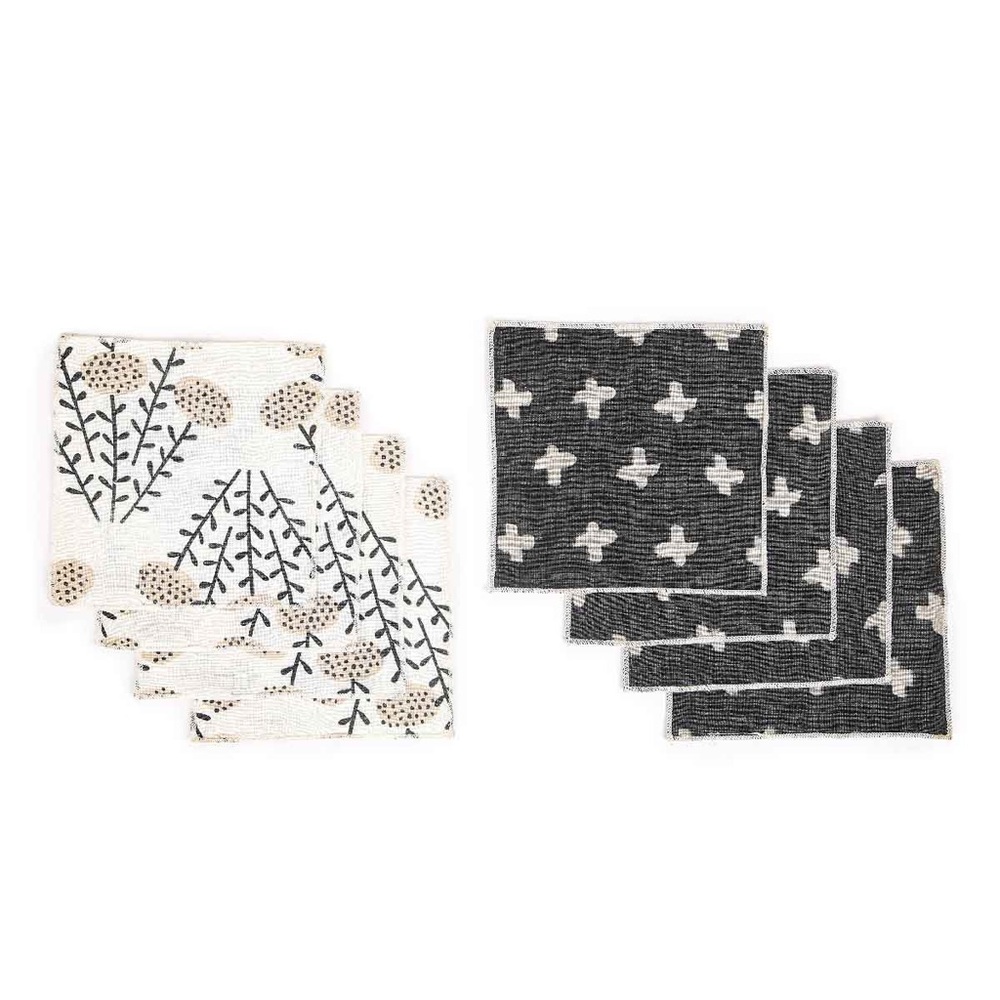 MINTED NWT 8pc 2 pattern fabric cocktail napkins -black/cream -6”
